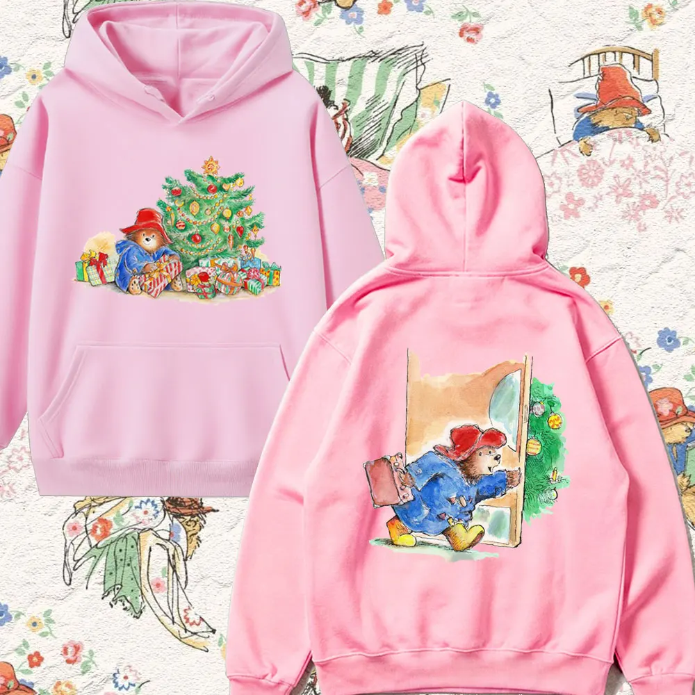 2025 بادينغتون الدب لطيف مطبوعة ملابس عيد الميلاد الكلاسيكية الكرتون الجرافيك دوبلكس الطباعة هوديس المرأة عيد الميلاد عطلة هوديس #1