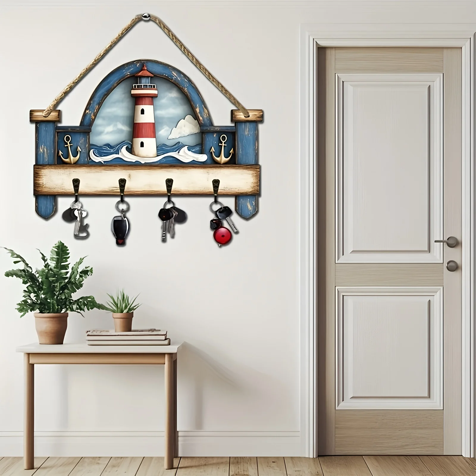 1 Piece 2D Wooden Hanging Decoration Ocean Lighthouse Wooden Sign Simple Key Hangers Wall Art Wall Decor Porch Decor Room