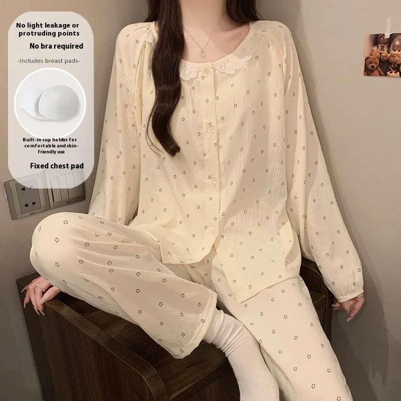 Camicia da notte con reggiseno con cinturino in cotone nuvola, stile coreano da donna, nuova stagione primaverile e autunnale, set di abbigliamento per la casa floreale dolce a maniche lunghe