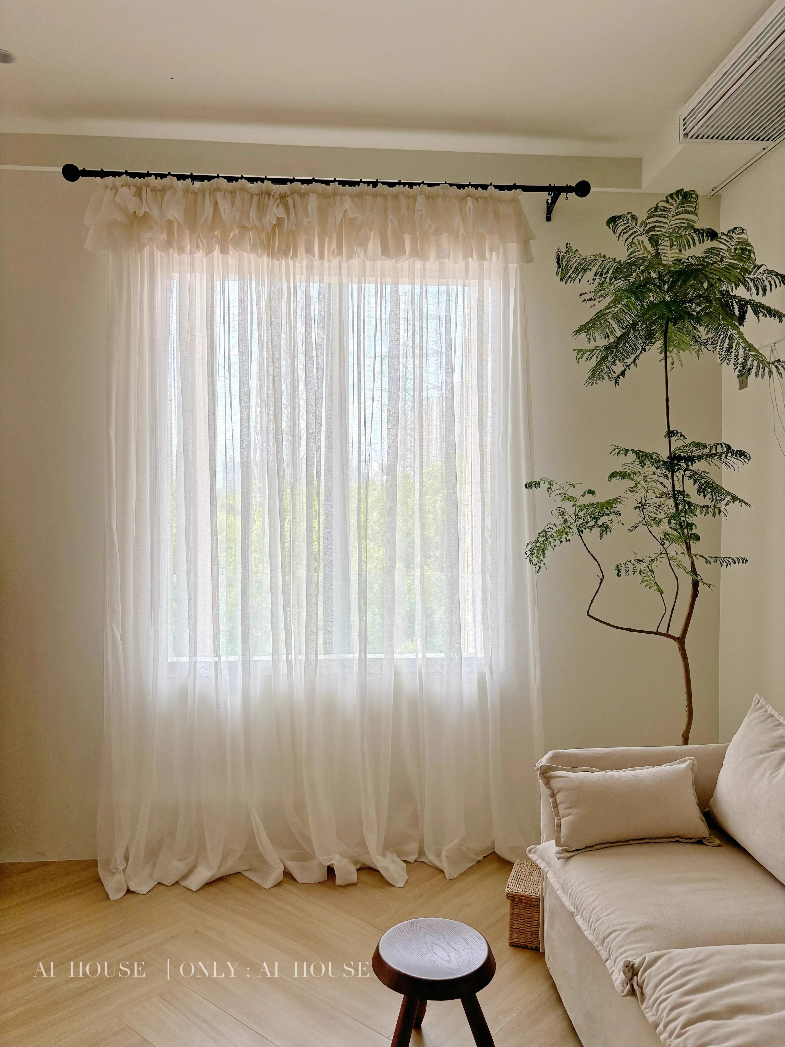 Natural Linen Double-layer Pleated Flower Bud Curtains Head Window Screen Living Room Bedroom Window French Window Customized