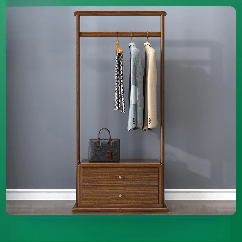 Solid wood coat rack, floor-to-ceiling walnut light luxury simple household new Chinese-style clothes rack with drawers
