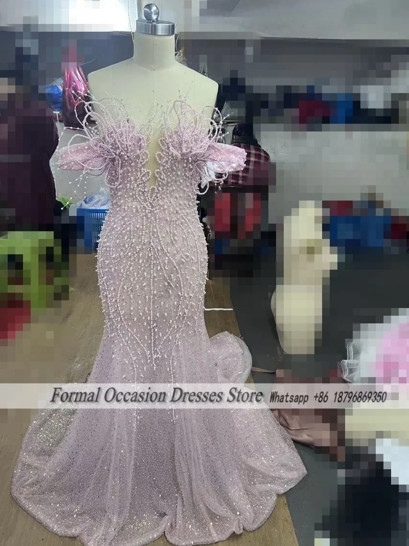 Luxury Pink Prom Dresses 2026 Luxury Pearls Mermaid Eening Dress For Women Customized Wedding Bridal Gowns