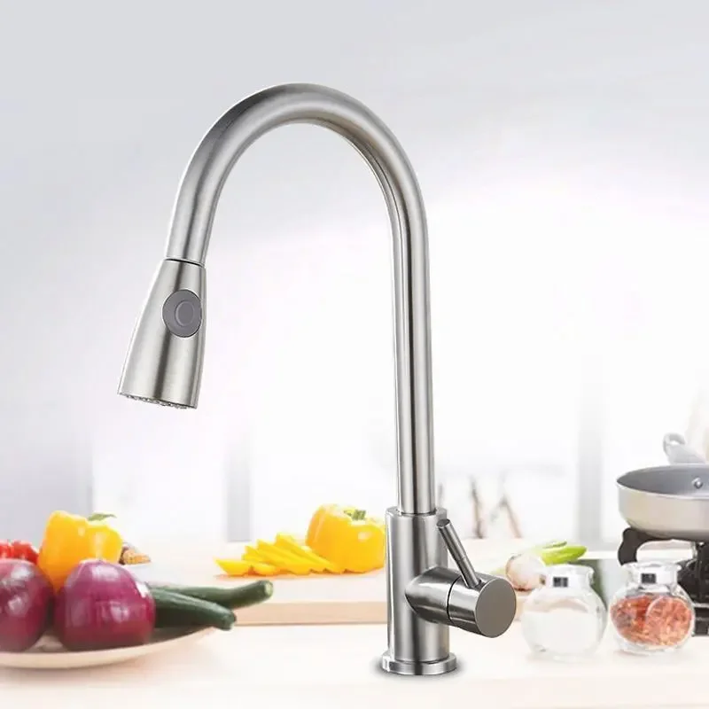 Pull Out Kitchen Faucet Silver Brushed Sink Water Tap Single Hole Handle Mixer Tap 360 Rotation Faucet