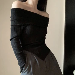 Off Shoulder Pullover Women Autumn Long Sleeve Knitted Tops Female Slim Slash Neck Knitwear Ladies Korean Style Thin Pullovers