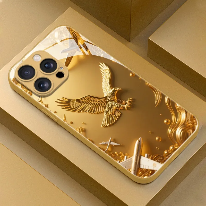 

Golden Eagle Pattern Gold Metallic Paint Glass Phone Case For iPhone 17 16 15 14 13 12 11 Pro Max 15 14 Plus 17Air 16E Cover