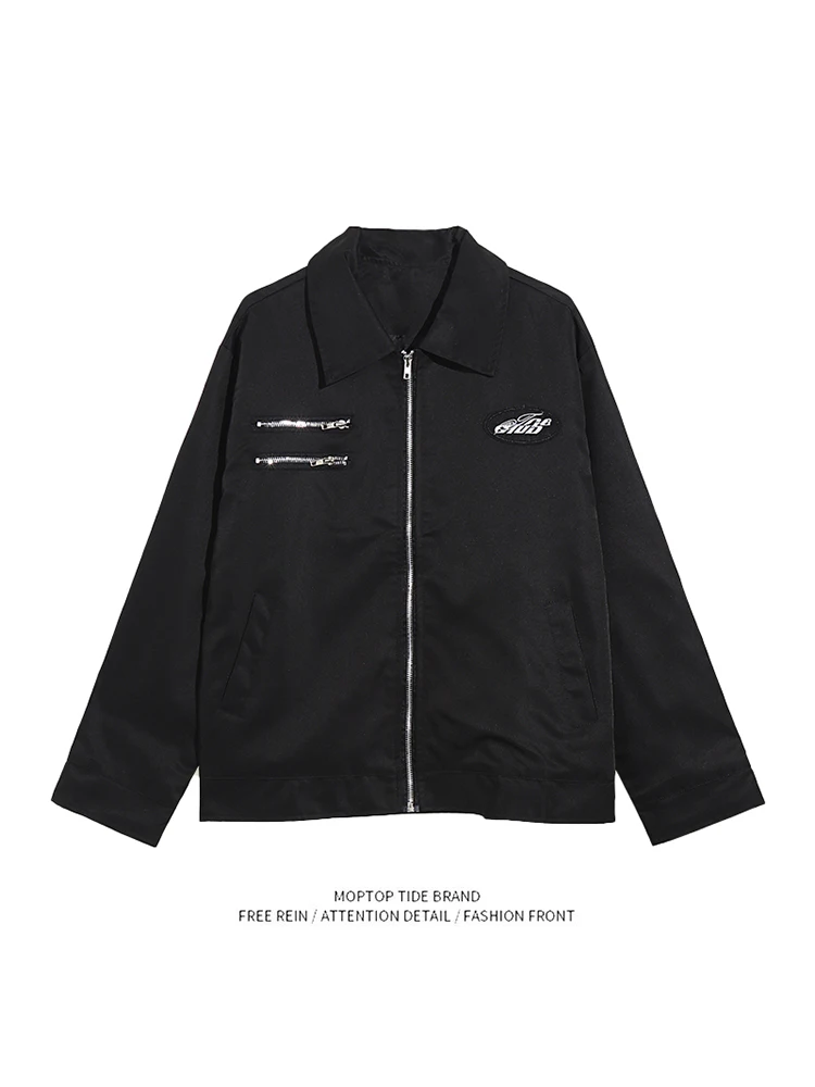 

Original Mr. WH Trendy Brand Autumn Label Zipper Decorated Collar Jaet Men's Thin Loose Casual Outerwear Polyester Fabric