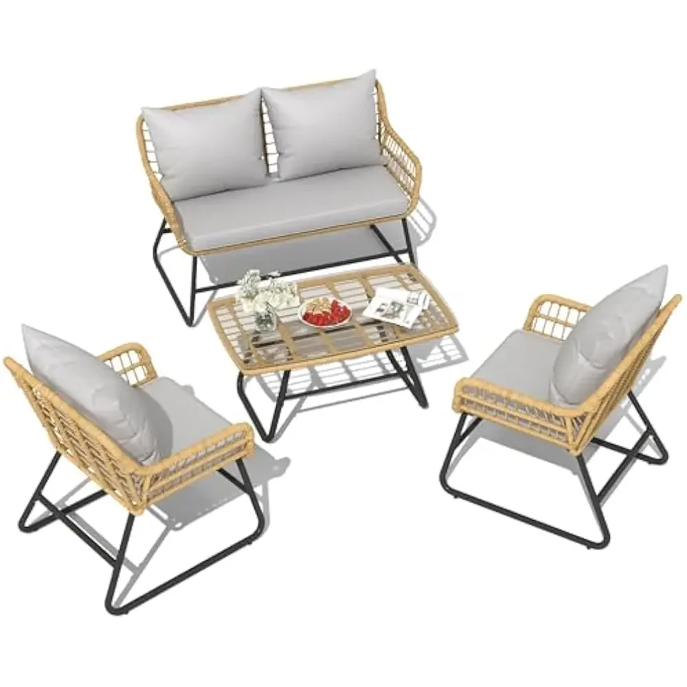 

4 Piece Patio Furniture Set, Outdoor Wicker Furniture Set with Removable Cushion, Rattan Patio Loveseat Set, Glass Side Table