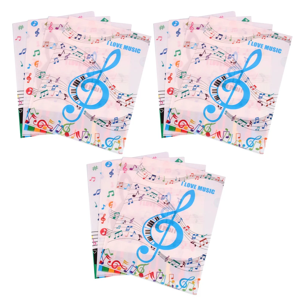12Pcs A4 Document Folder L-Type PVC File Folder Double Pages Music Note Design Sheet Protector for Papers Test Sheets Organizing