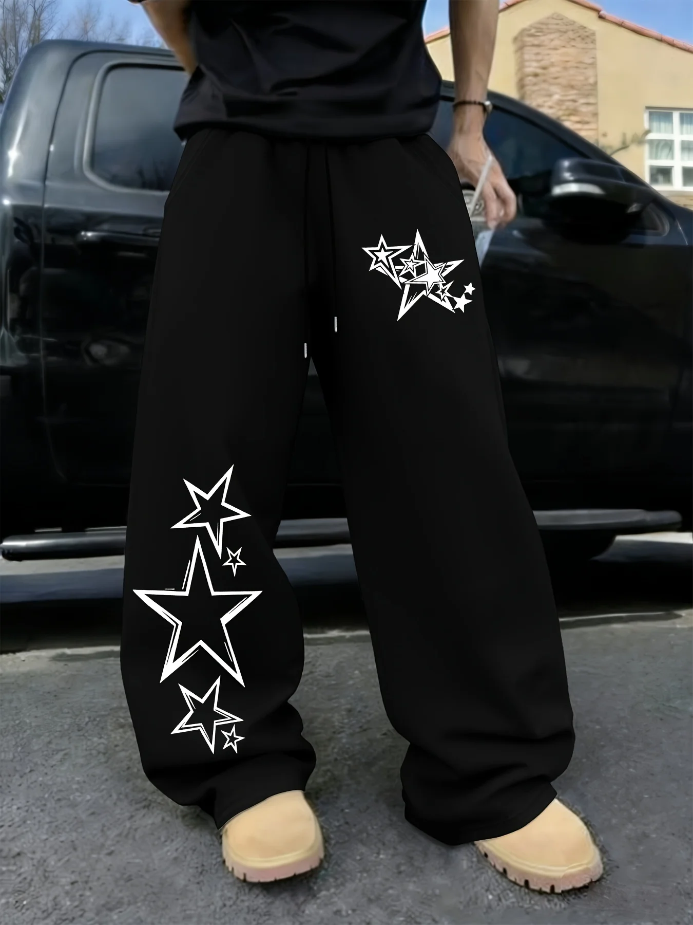 Men American Vintage Hip Hop Sweatpants Double Sided Star Print Drawstring Loose Straight Trousers Trend Street Casual S-3XL