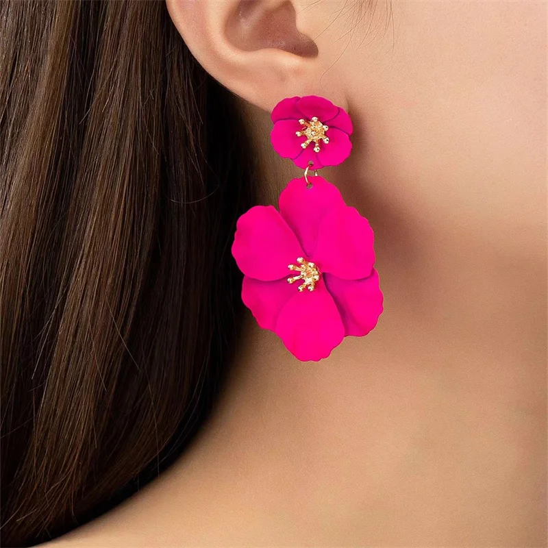 Rose Color Flower Earrings Fashionable Long Flower Earrings Jewelry Wedding Gift Accessories Wholesale