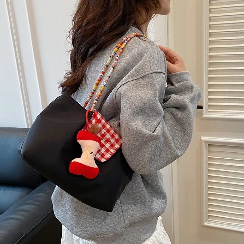 

Cute Nylon Plaid Shoulder Bag Square Hasp Canvas Handbag with Pendant Large Capacity Tote Bag Girl