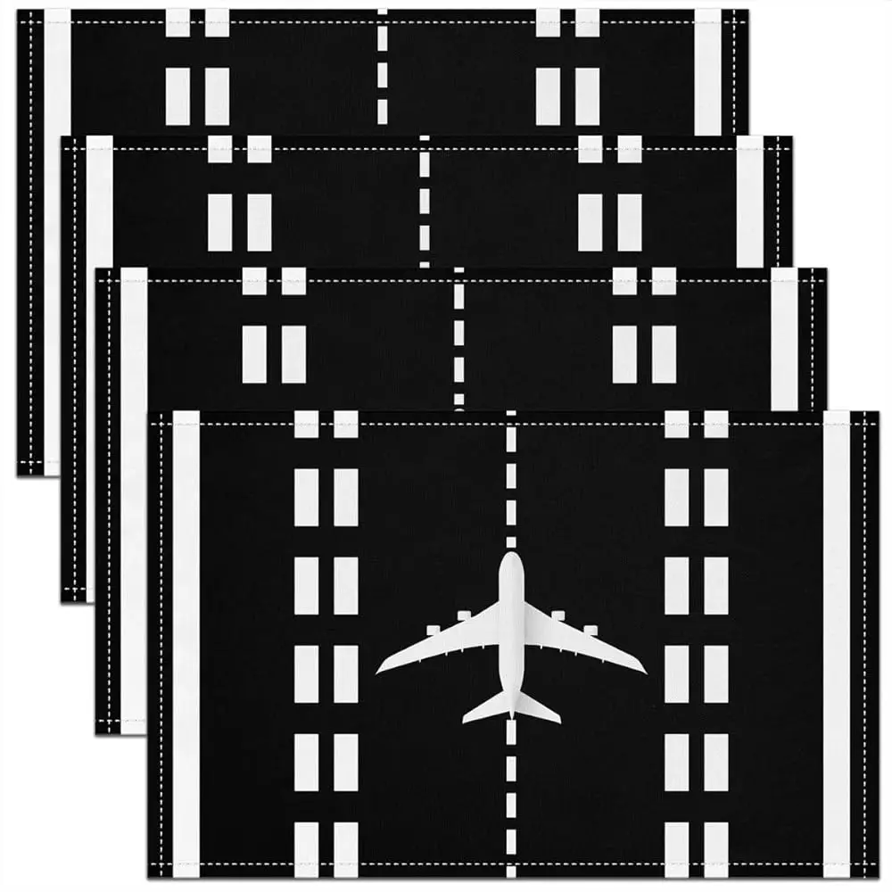 4pcs Airplane Placemats Suitable for Table Setting Aviation-Themed Runway Aircraft Table Mats Fabric Easy-Clean Black Decor