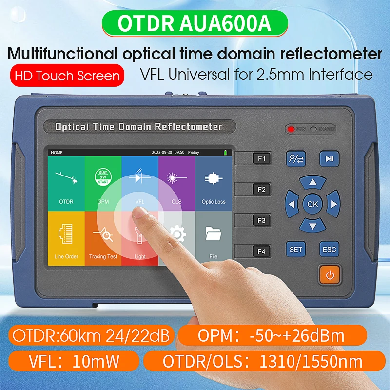 

AUA600U Mini Fiber Optic OTDR, 60KM, 24, 22dB, Optical Fiber Reflectometer 1310, 1550nm, Built in OLS, OPM, VFL, 10mW Customized