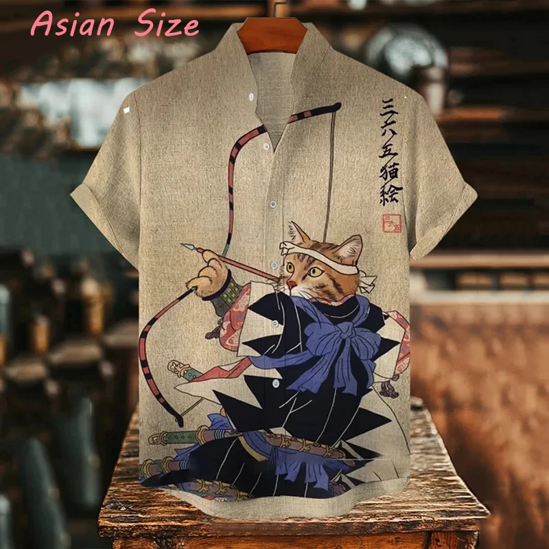 

Летняя мужская рубашка с коротким рукавом в стиле ретро с мультяшным изображением самурая-кошки, винтажный японский стиль, повседневная одежда для отдыха, уличная одежда, мужские рубашки