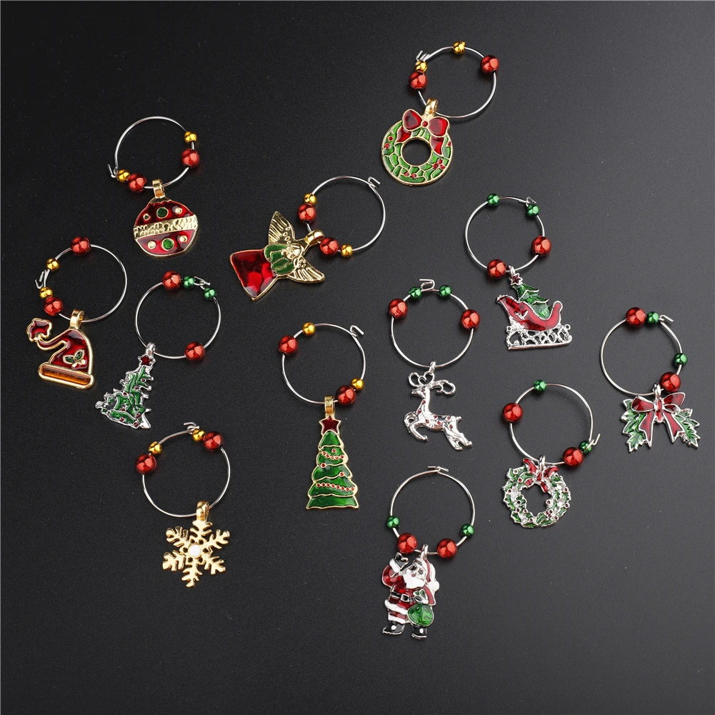12 stuks kerstversiering voor thuis, wijnbekermarkeringen, decoratieve elementen en identificatiekaartjes voor drankjes, voor feestelijke dinerdecoratie.