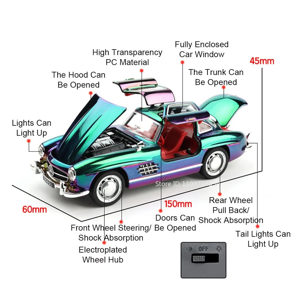 1:32 r8 v10 plus 300sl modelo de carros de brinquedo liga diecast portas abertas puxar para trás som luz modelos de veículos em miniatura para meninos presentes