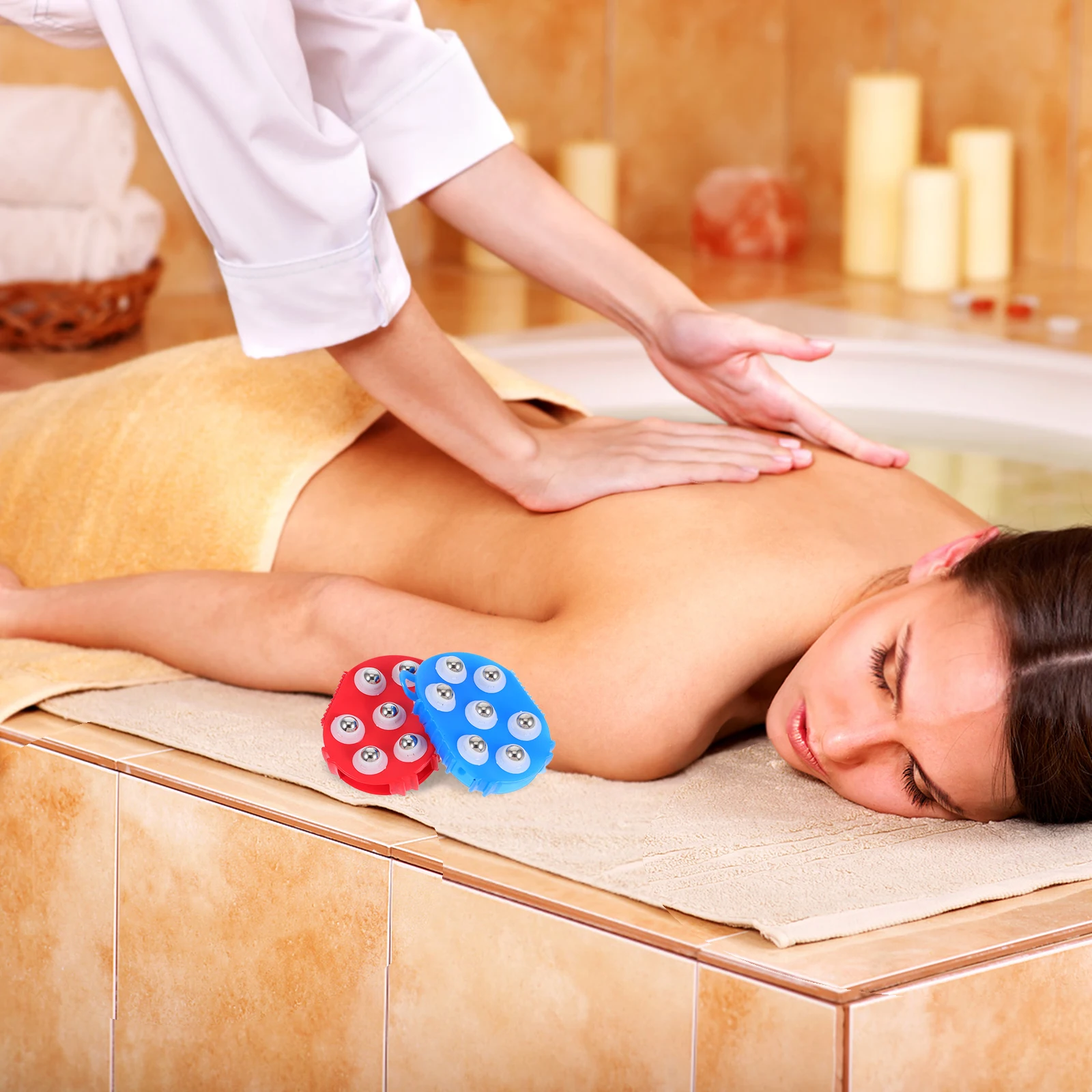 

2pcs Roller Bead Massager For Shower 4-Sided Brush Head With Steel Beads Portable Handheld Body Scrubber - Back Neck Foot Leg