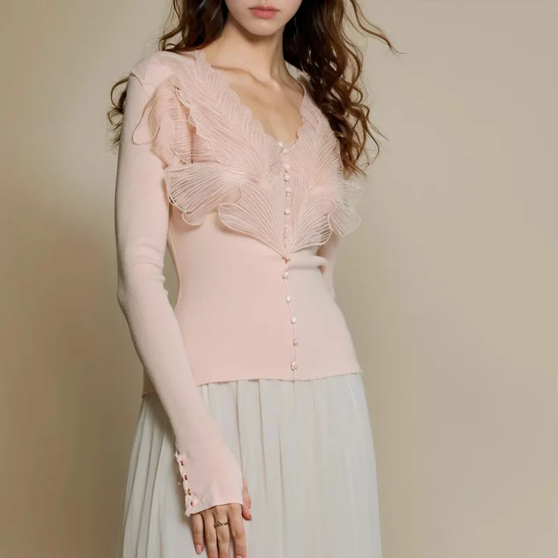 Design Sense Petal Lace Stitching Sweater 2025 Autumn and Winter V-neck Long Sleeve Waist Slim Pullover Women's Sweater