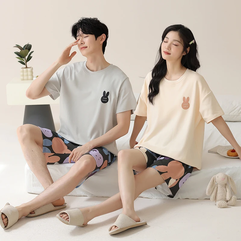 Korean Cotton Homewear for Women and Men Summer Short Sleeves Shorts Nightwear Couples Loungewear Cartoon Cute Rabbit Sleepwear