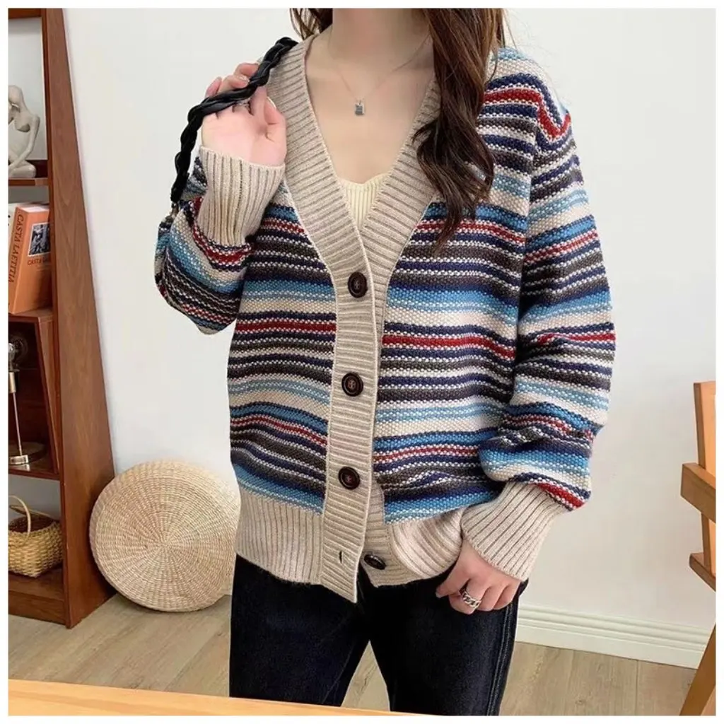 

Women's Korean Style Loose V-Neck Cardigan Sweater Casual Knitted Coat Autumn Winter Fashion Colorful Striped