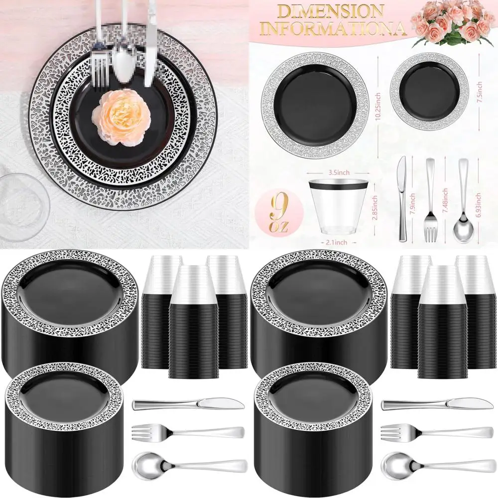 

Set of 300 Disposable Dinnerware, 100 Plates, 150 Cutlery, 50 Cups for 50 Guests, Wedding Party, Black Silver