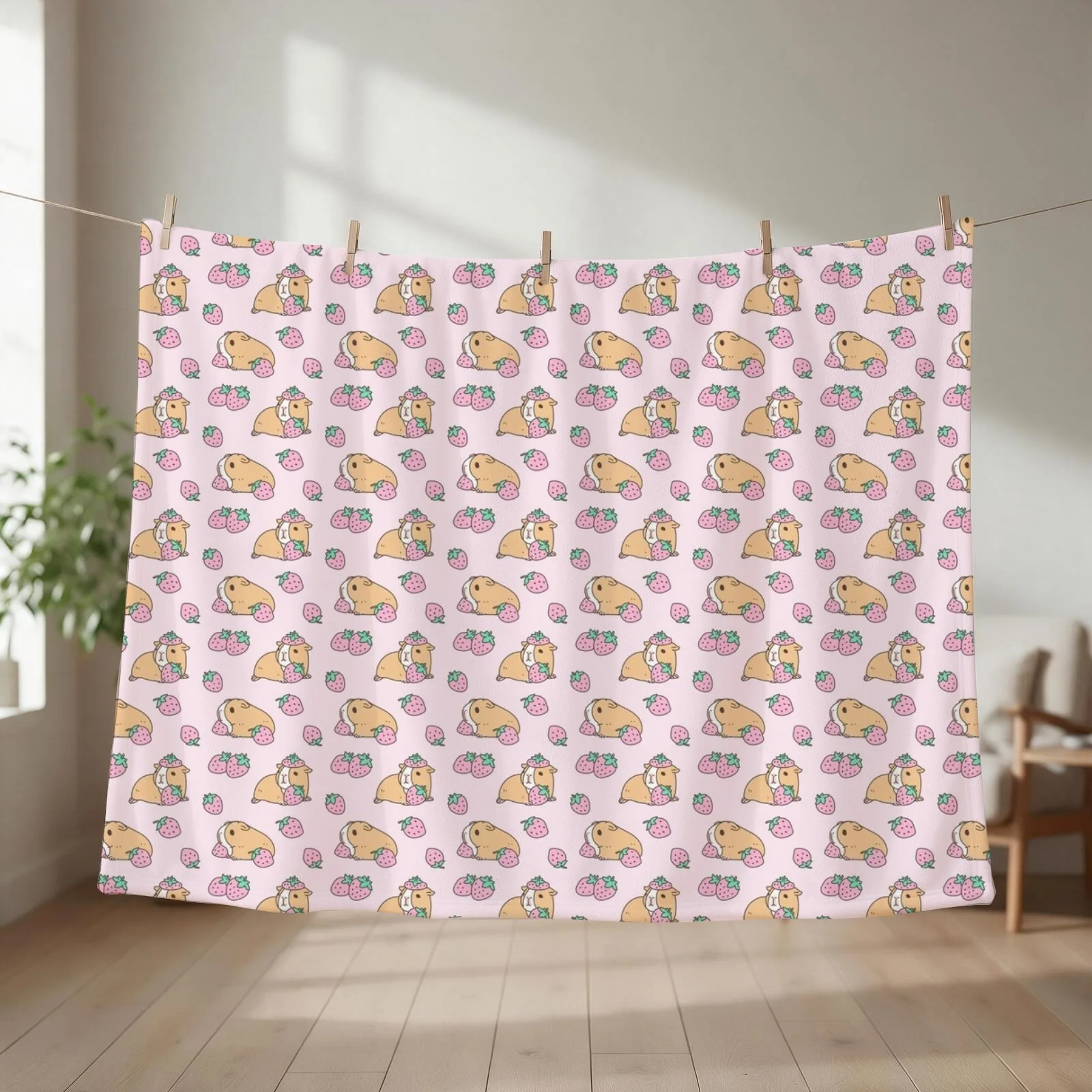 Pink Guinea Pig and Strawberry Pattern Throw Blanket couch cozy soft plush fuzzy picnic outdoor blanket