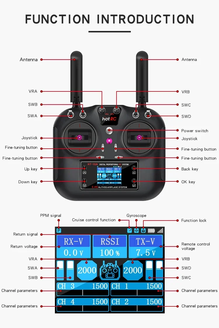 Hotrc HT-10A 10CH التحكم عن بعد الارسال F-08A F-10A 4/6/8/10CH استقبال ل RC طائرة بدون طيار كوادكوبتر سيارة قارب HT-8A