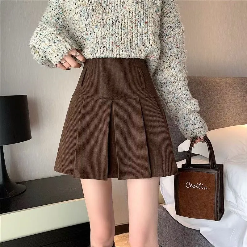 2023 Women Korean High Waist Y2K Pleated Skirts Harajuku Kawaii Fashion Striped Khaki Mini Skirt Summer Solid Aesthetic Outfit