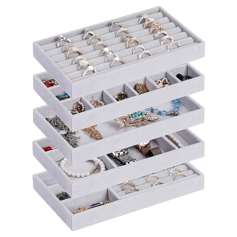 Jewelry Organizer Tray, 5 Pcs Stackable Velvet Jewelry Organizer For Drawer, Jewelry Storage Display Trays Showcase