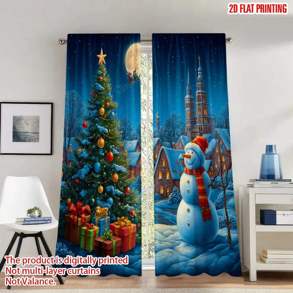 

2pcs 2D flat printing Christmas Party Curtains Christmas Snowman Village Santa Digital Printed Polyester Drapes Festive Curtains