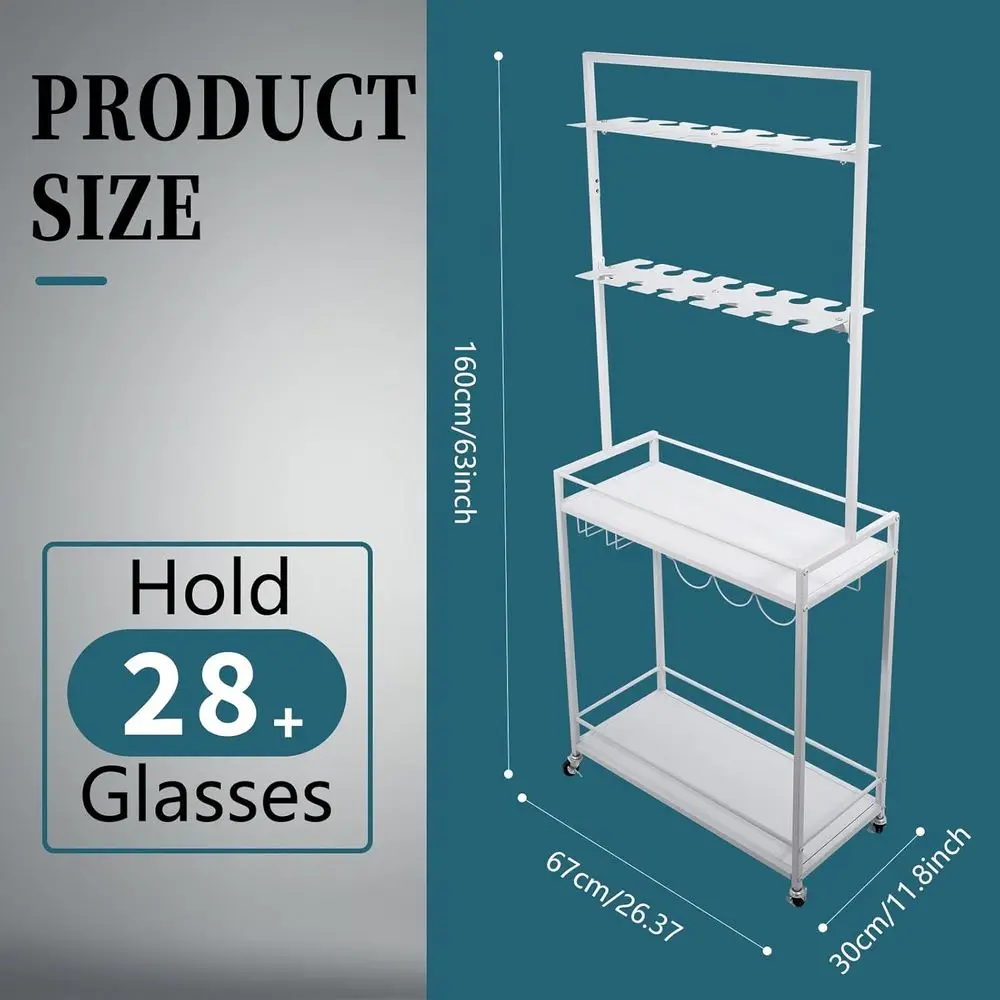 Wózek na wino z 2-poziomowymi kółkami obrotowymi, mieści 28 kieliszków, stojak do przechowywania, idealny na przyjęcia i imprezy