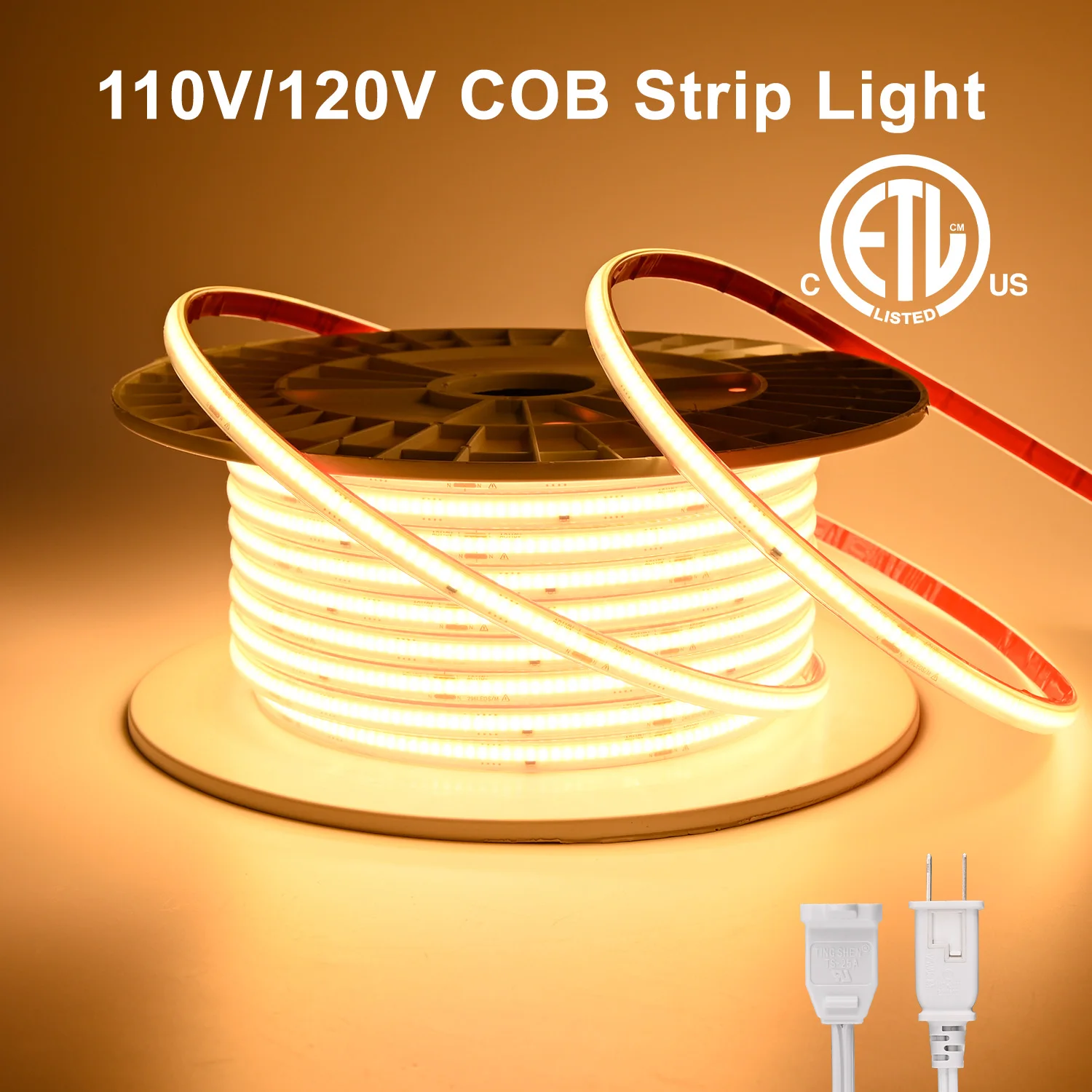 

ETL Listed 120V COB LED Strip Light 296LEDs/m Super Bright Waterproof Flexible LED Tape Room Kitchen Outdoor Lighting 110V