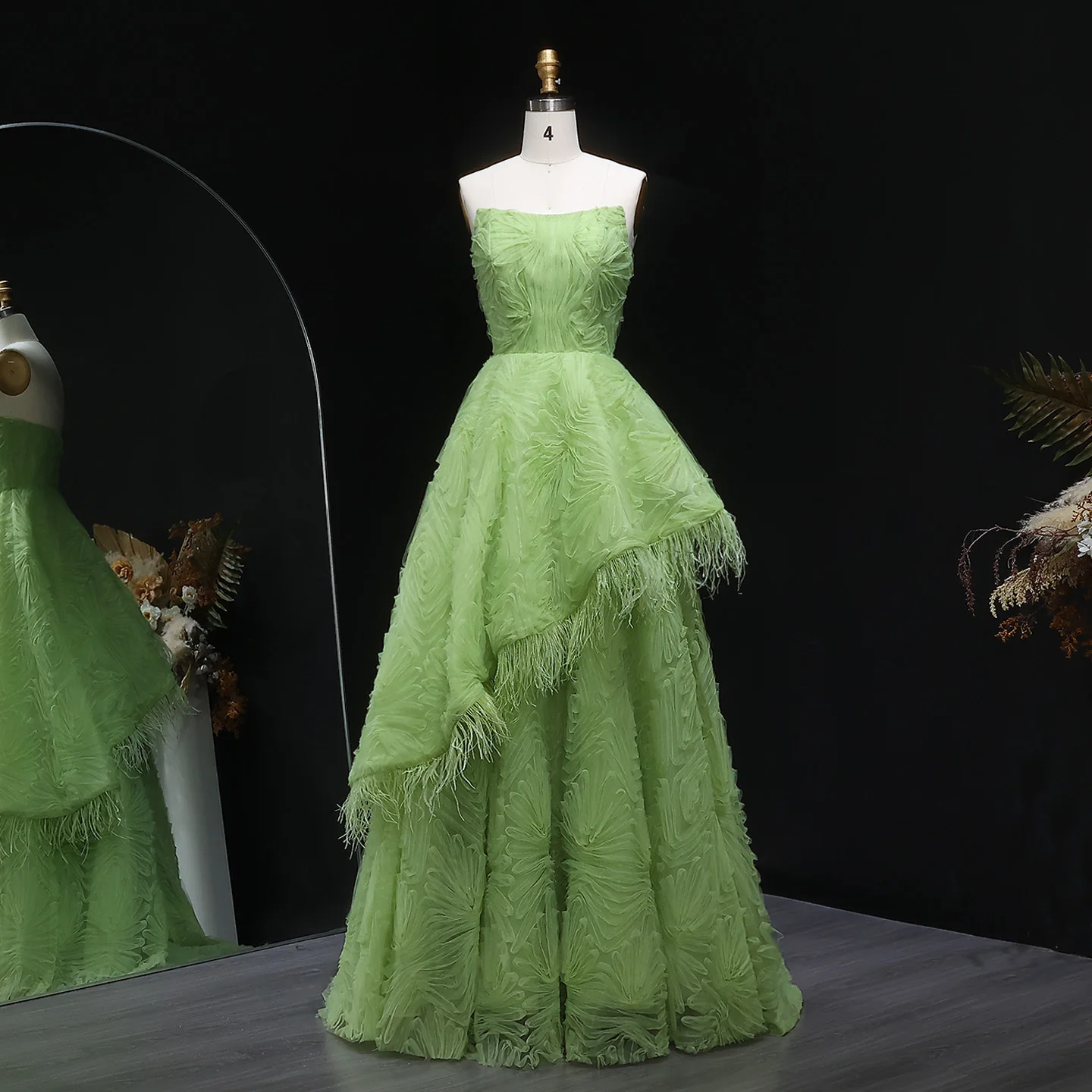 lime green formal dress draped in silk foiled tulle with chain Hemline/Train Evening Gowns Lime Green And