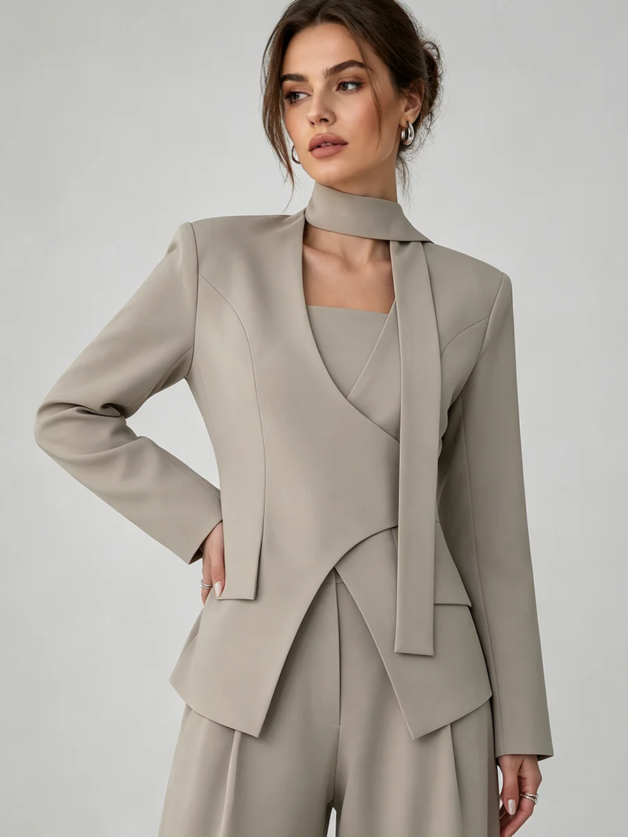 LIMO  Women Neck Blazer Deep V Irregular Split Hem Waist Seam Long Sleeve Slim Fitted Elegant Formal Office Tailored Jacket