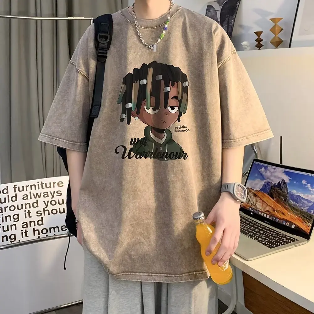 Short Sleeved T-Shirt For Men's Summer American Style Pure Cotton Washed And Distressed Ruffian And Handsome Large Half Sleeves