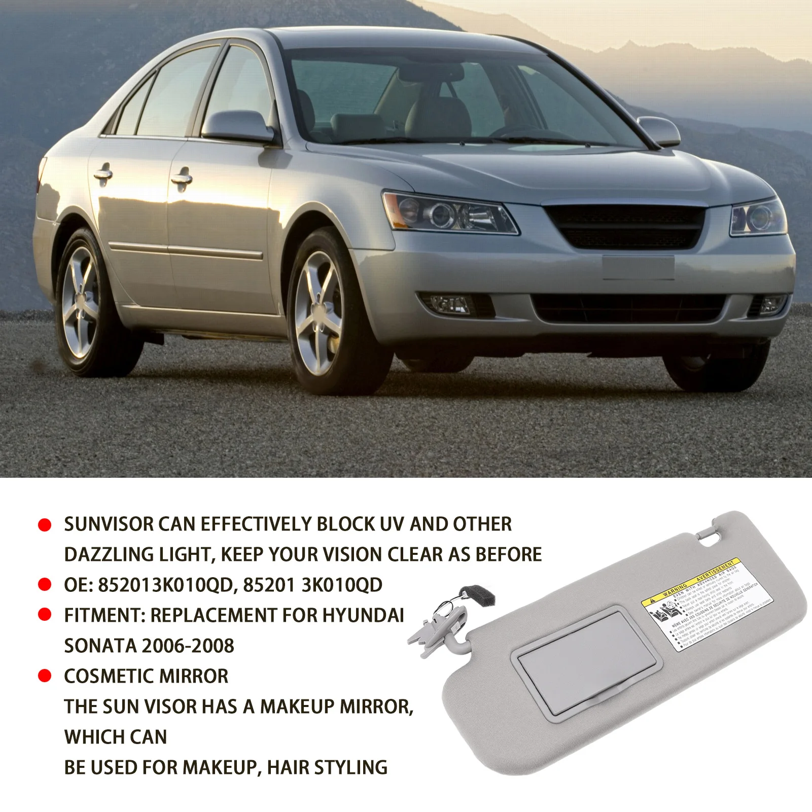 Sunvisor Assy Grey UV Blocking 852013K010QD Replacement For Hyundai Sonata 2006‑2008 Right/Left