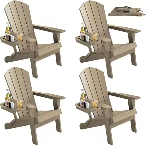 Set of 4 Weather-Resistant HDPE Adirondack Chairs with Cup Holders for Outdoor Patio, Lawn, Garden, Backyard, Deck - Brown