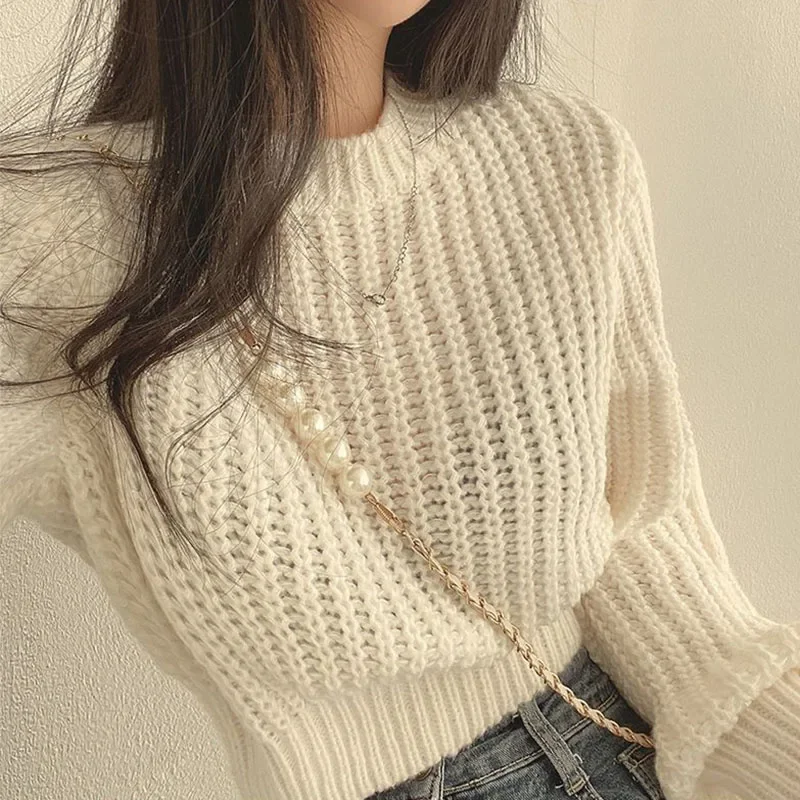 

Xpqbb Crop Knit Sweater and Pullover Women 2025 Autumn Winter New Long Sleeve O-Neck Sweaters Woman Thick Loose Casual Jumper