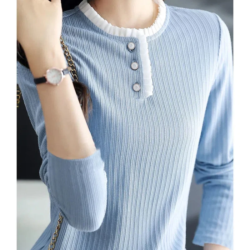 Spring Autumn Comfortable Sweet Solid Color Women\'s Clothing Round Neck Pullover Patchwork Long Sleeve T-shirt Casual Tops