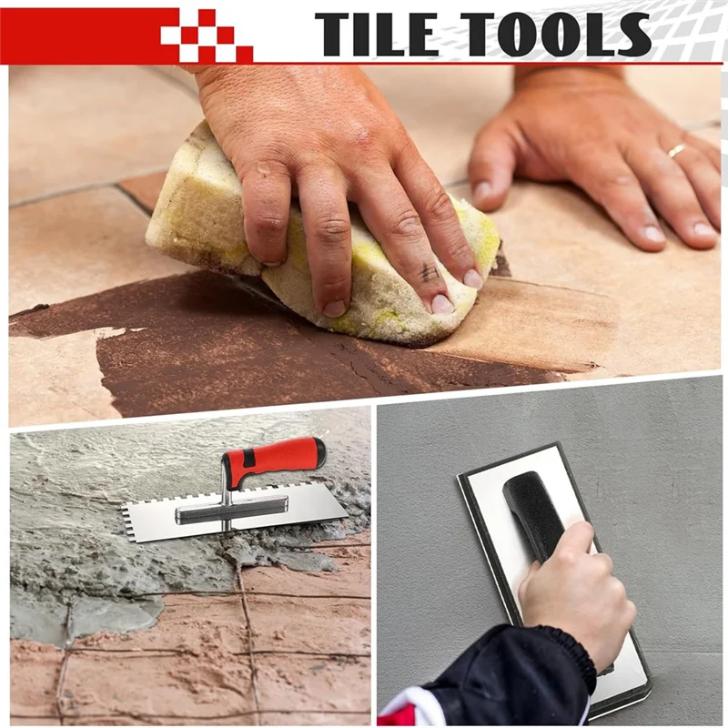 AS59 -Tile Tools Set Square Trowel 1 Rubber Grout Float And 2 Grout Sponge For Wall Floor Tiling Installation Grouting
