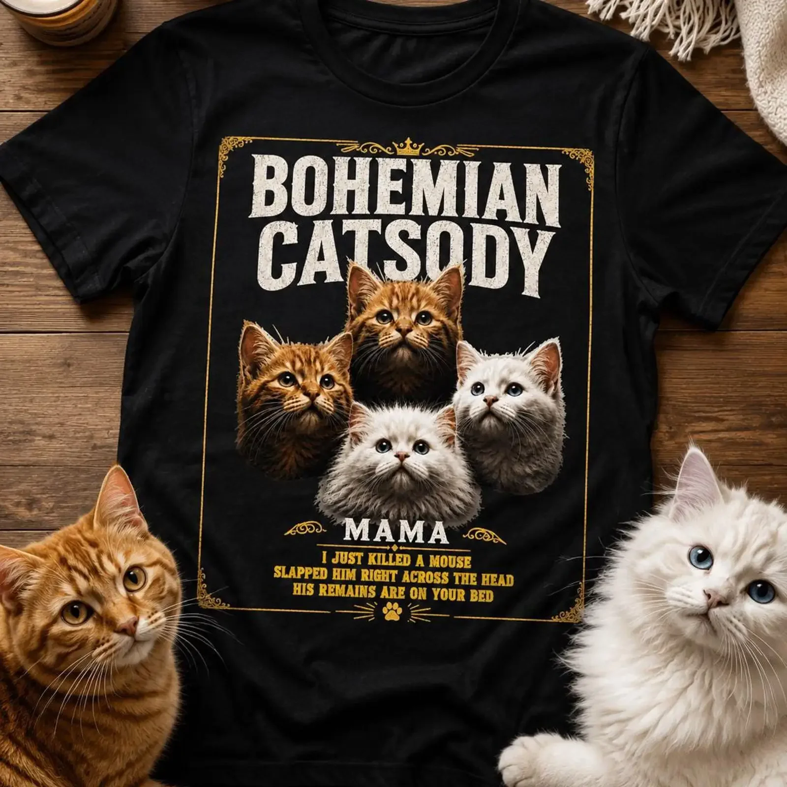 Bohemian Catsody Mama T-Shirt, lustiges Katzenliebhaber-Vintage-Musikparodie-Design, süße Mama, Vintage-Look, gewaschen, bequem, stilvoll, leicht lässig.