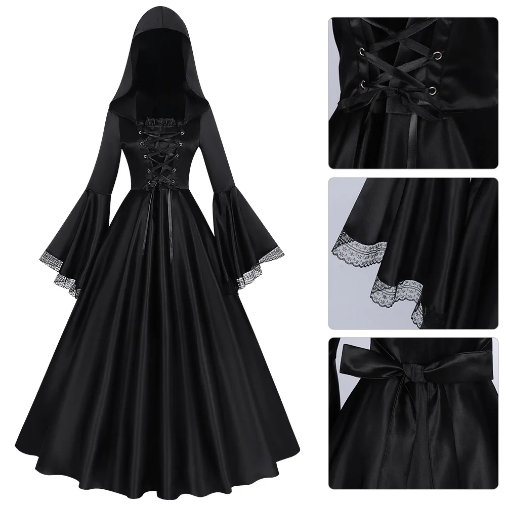 

Medieval Retro Lace Up Dresses For Women Black Flare Sleeve Maxi Dress Halloween Party Hooded Witch Ball Gown Cospaly Costume