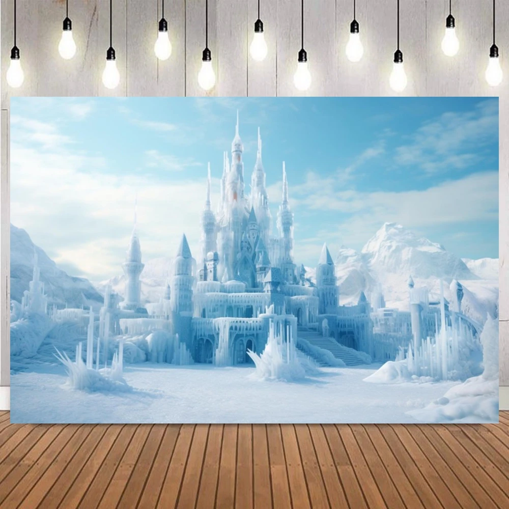 Winter Blue Sky White Clouds Photography Background Ice Frozen World Castle Snow Mountains Birthday Party Decor Photo Backdrop