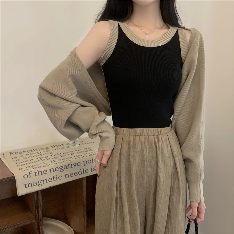 2024 Spring and Autumn New Fashion Casual Strap Top+Long Sleeve Shawl Cardigan Knitted Top for Women