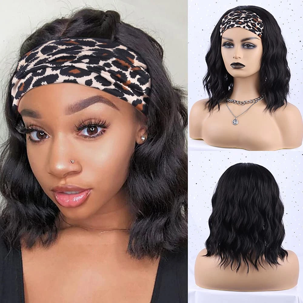 Headband Wig Short Wavy Wigs for Black Women Black Bob Wig Synthetic Natural Curly Shoulder Length Wigs 16 Inch for Daily/Party