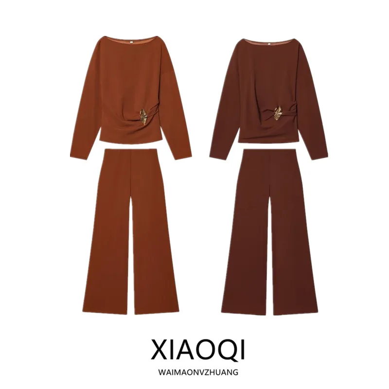 Spring 2026 Women's Fashion Long Sleeve One-Shoulder Buckle Decorated High-Quality Top And Bottom Set Elegant Workwear