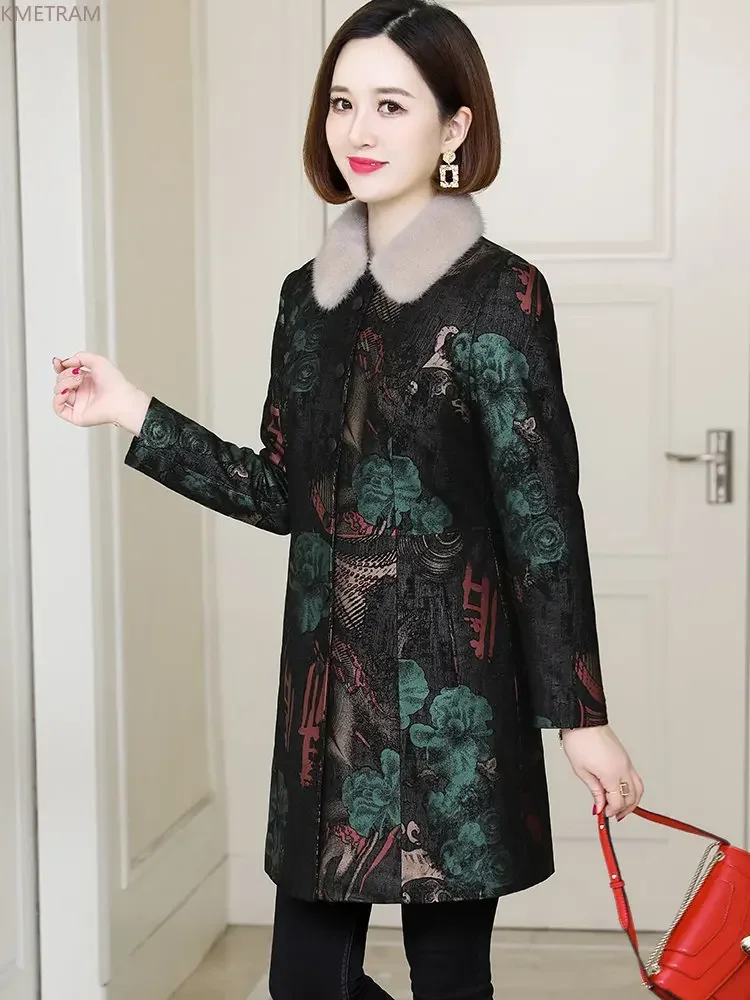 本物のシープスキンレザージャケット女性秋冬ミッドレングスダウンコートミンクの毛皮の襟スリムレザージャケット女性服