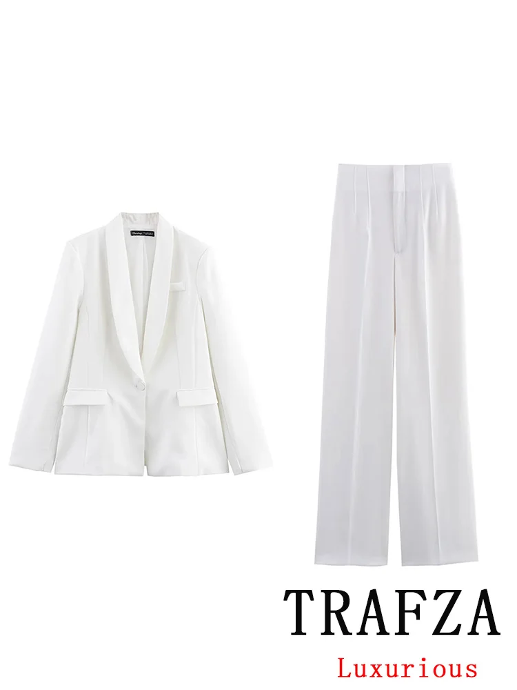 

TRAFZA Vintage Chic Office Lady White Solid Women Suit V Neck Single Button Pockets Blazer Straight Pants New Fashion 2025 Sets
