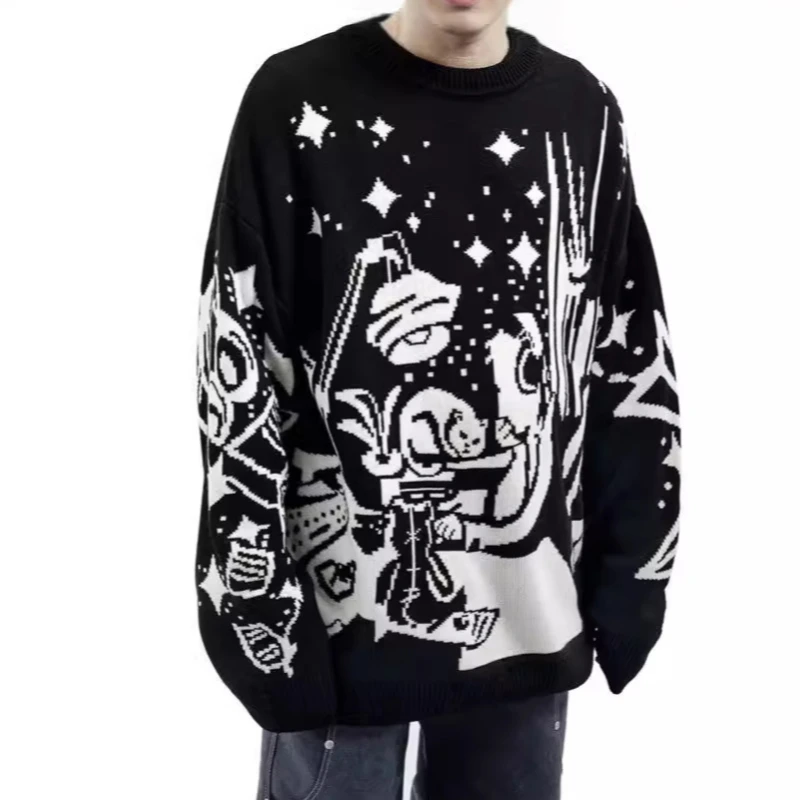 Men's casual streetwear sweater knitted sweater retro painting anime demon hip-hop weaving pattern retro sweater