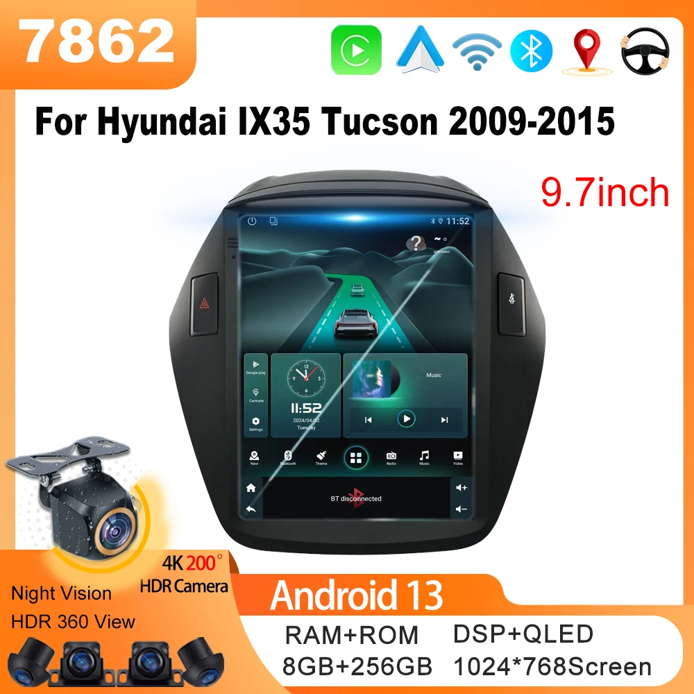 

Автомобильный радиоприемник Android 13 для Hyundai IX35 Tucson 2009-2015, 9,7-дюймовый автомобильный навигационный видео, мультимедийный сенсорный дисплей, процессор Carplay 5G